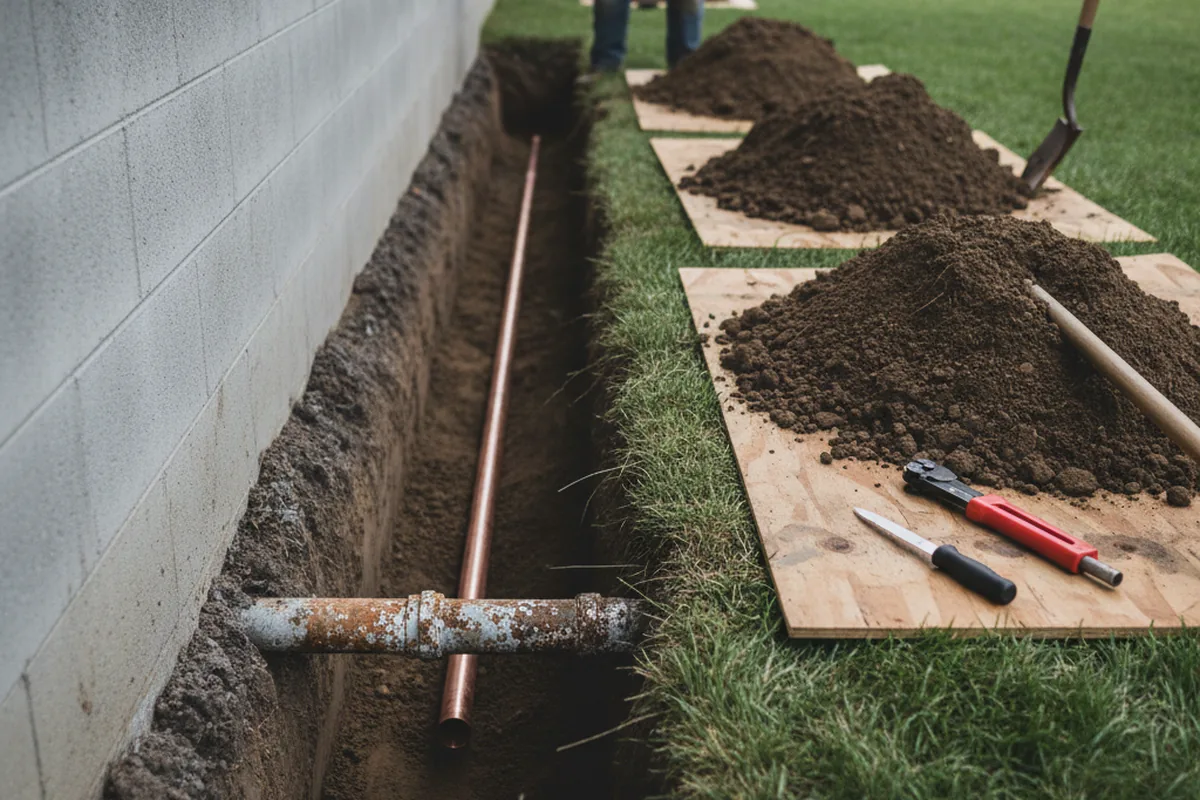Excavated water line trench during Water Softener Installation in Reed Point